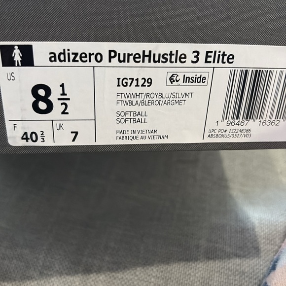 Adidas PureHustle 3 Elite "Ftwr White/Team Royal Blue" Softball Cleat - Picture 7 of 8